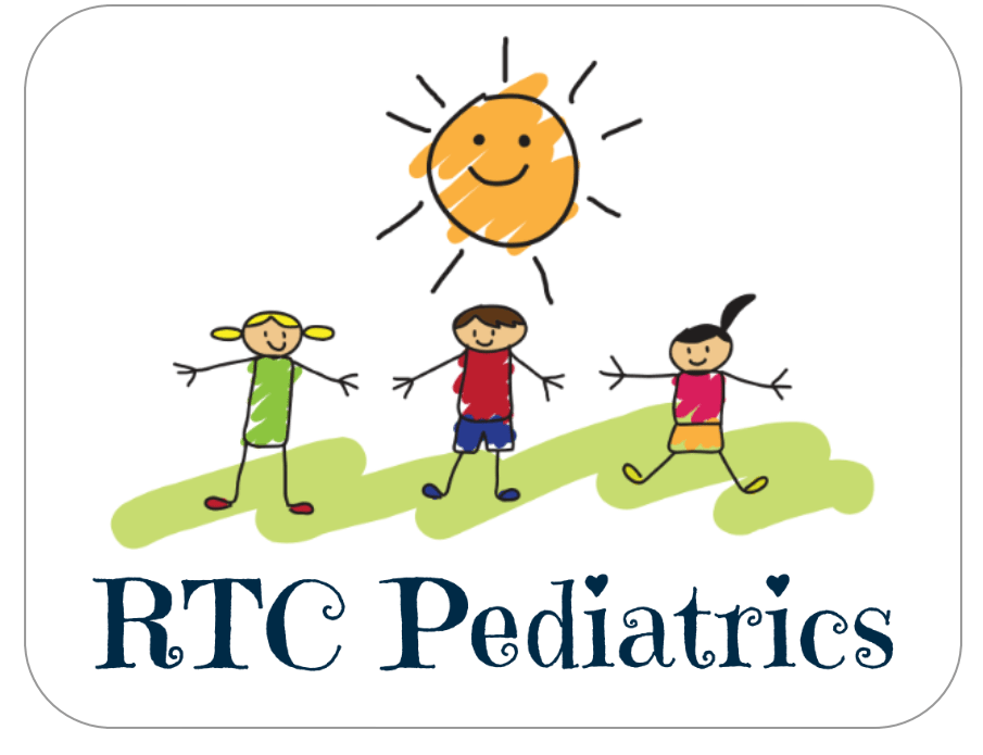 RTC Pediatrics We Care for Kids - Stick figure drawings of three children under a smiling sun